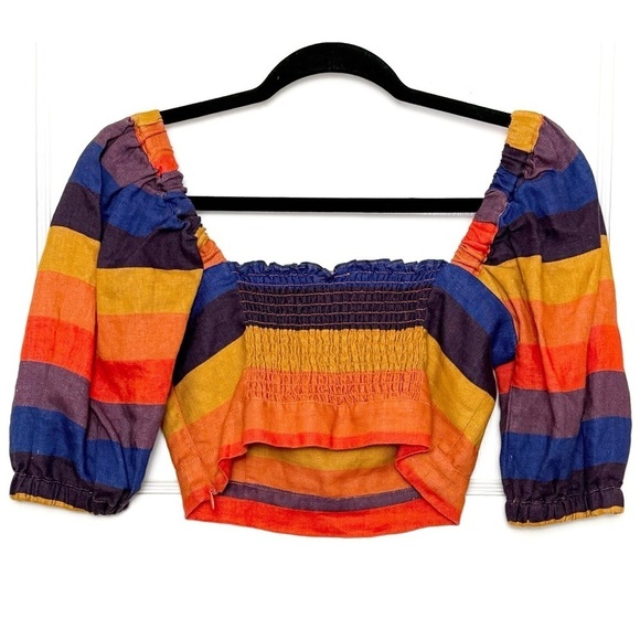 FARM RIO Linen Rainbow Striped Square Neck Smocked Puff Short Sleeve Crop Top XS - Picture 9 of 13